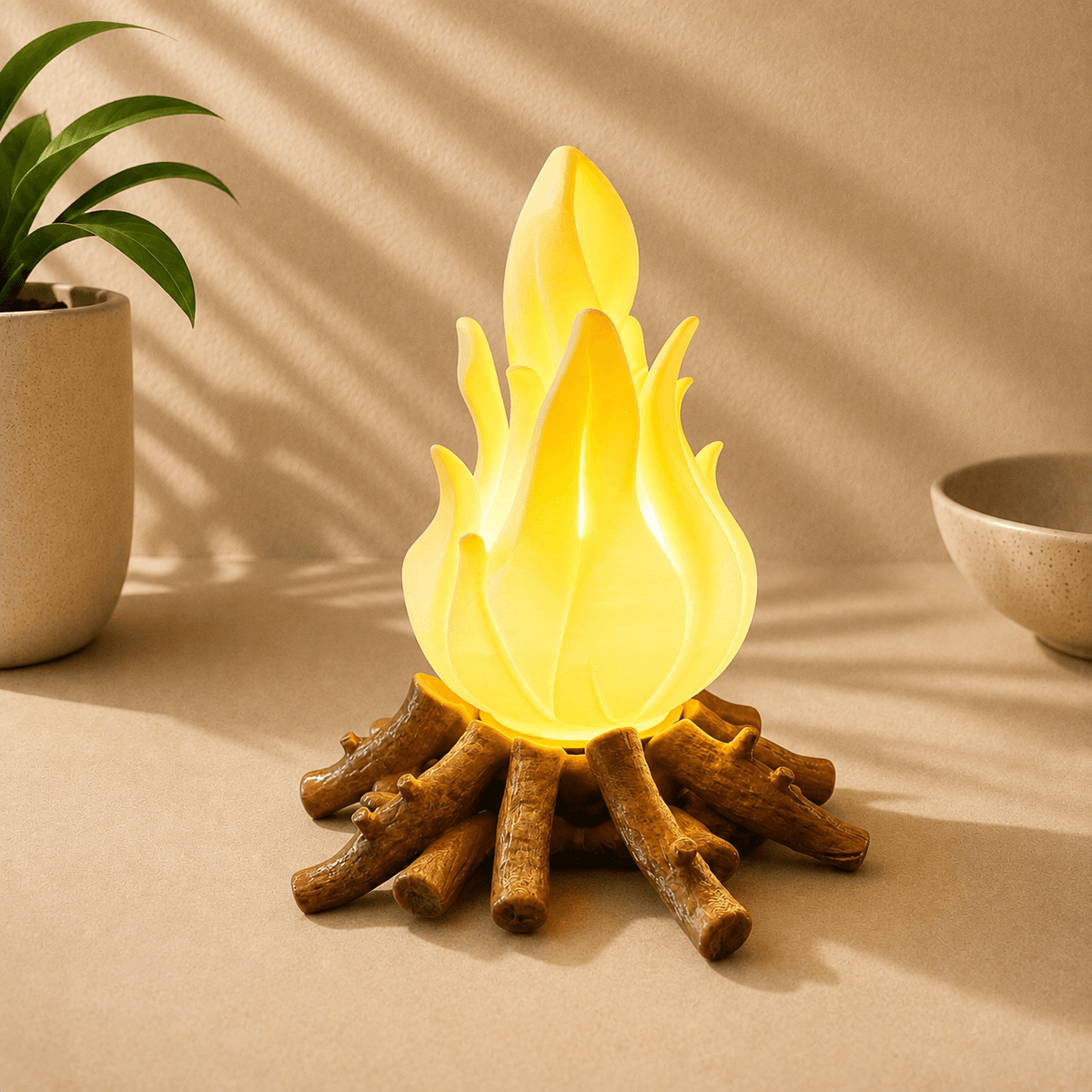 A flame-shaped table lamp with a glowing yellow-orange flame top and a rustic brown wood-bark base, styled on a beige surface with soft shadows from a plant and bowl.