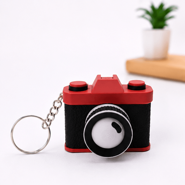 Miniature vintage-camera fidget keychain in red and black with a silver keyring and chain, shown against a white background with a blurred potted plant.