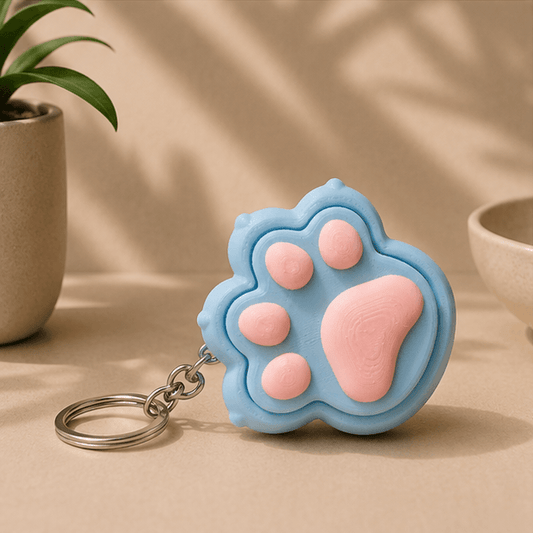 Blue and pink 3D-printed cat paw fidget keychain resting on a beige tabletop.