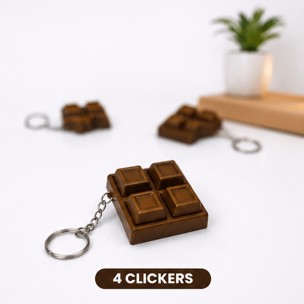 Brown chocolate-bar-shaped fidget keychain fully intact with all four clicker squares, labeled '4 Clickers'.
