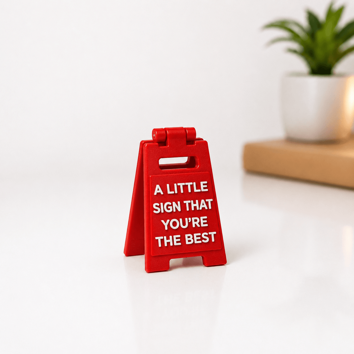 A single red mini road-sign decor piece reading 'A Little Sign That You're the Best' in white text, standing on a white surface with a blurred potted plant behind it.