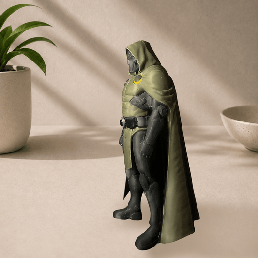 Side view of the 3D-printed Dr. Doom figure in a hooded green cloak and dark battle armor.