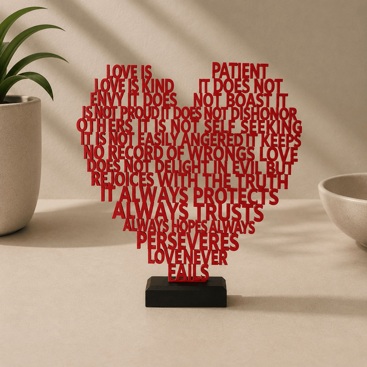 A red heart-shaped decor sculpture formed from the words of the 'Love is patient, love is kind' 1 Corinthians 13 passage, mounted on a black rectangular base.