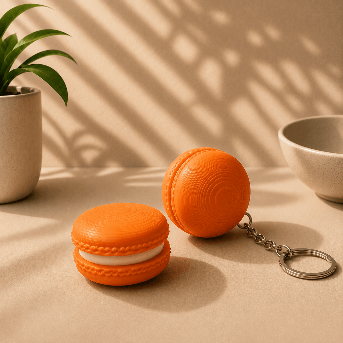 Two orange macaron-shaped fidget keychains shown side by side, one attached to a metal keyring.