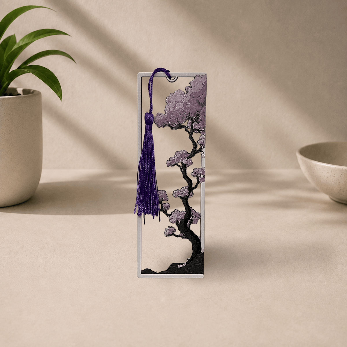 3D-printed Sakura tree bookmark with pink cherry blossoms and a purple tassel, standing upright on a beige surface.