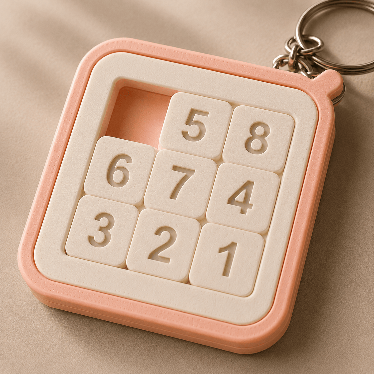 Close-up tilted view of the pink and cream 3D-printed Sliding Puzzle Keychain highlighting its numbered tiles and rounded frame.