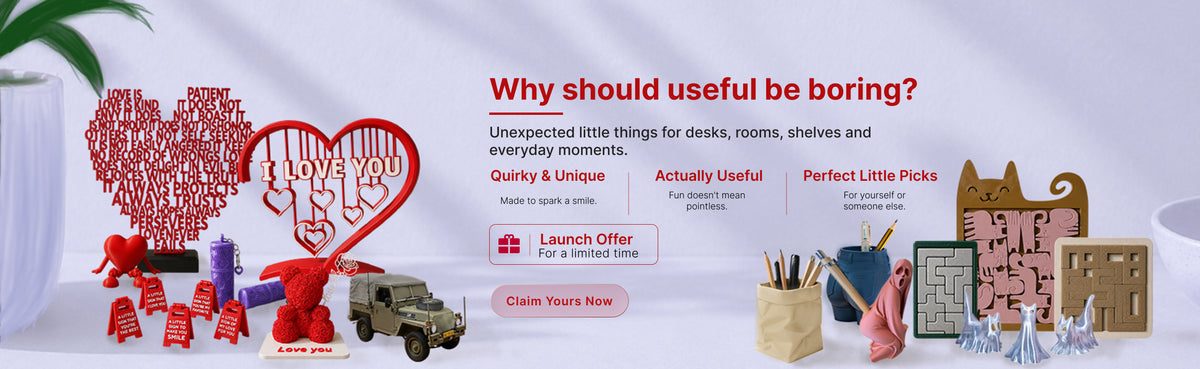 Homepage banner for quirky 3D printed desk finds, showing a heart string art piece, small figures, and desk accessories, linking to the Fun Finds collection.