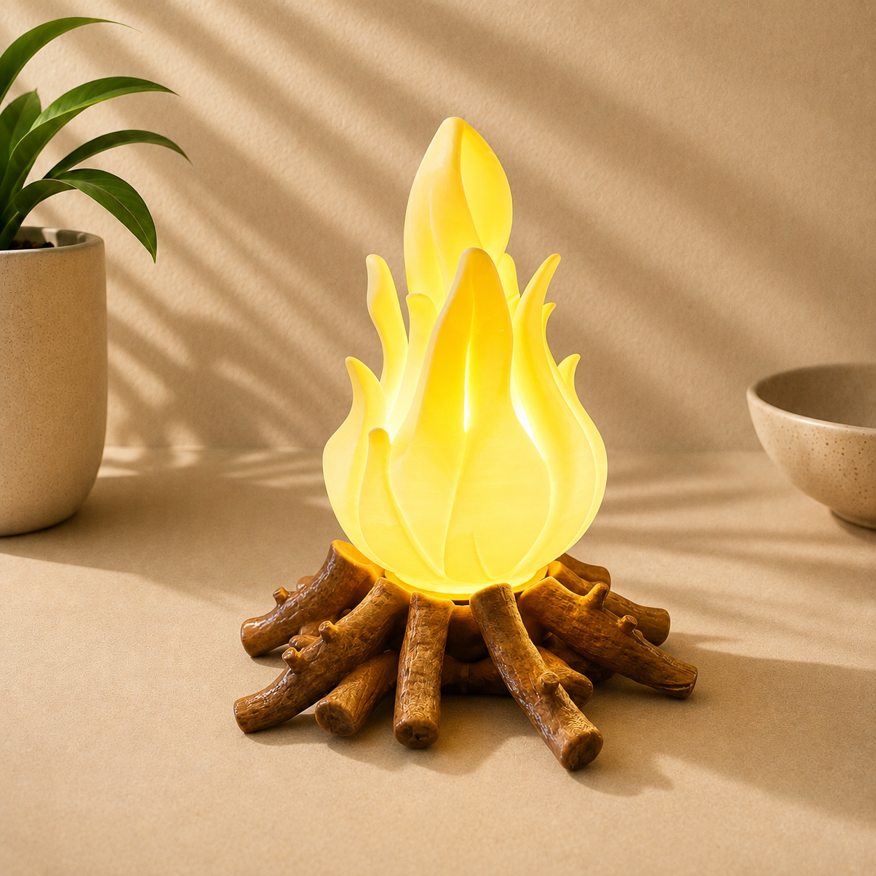 A flame-shaped table lamp with a glowing yellow-orange flame top and a rustic brown wood-bark base, styled on a beige surface with soft shadows from a plant and bowl.