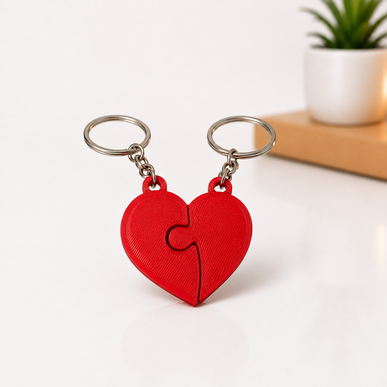 Two red 3D-printed heart-shaped puzzle keychains with silver metal key rings, shown on a white surface with a blurred background of a wooden block and a small potted plant.