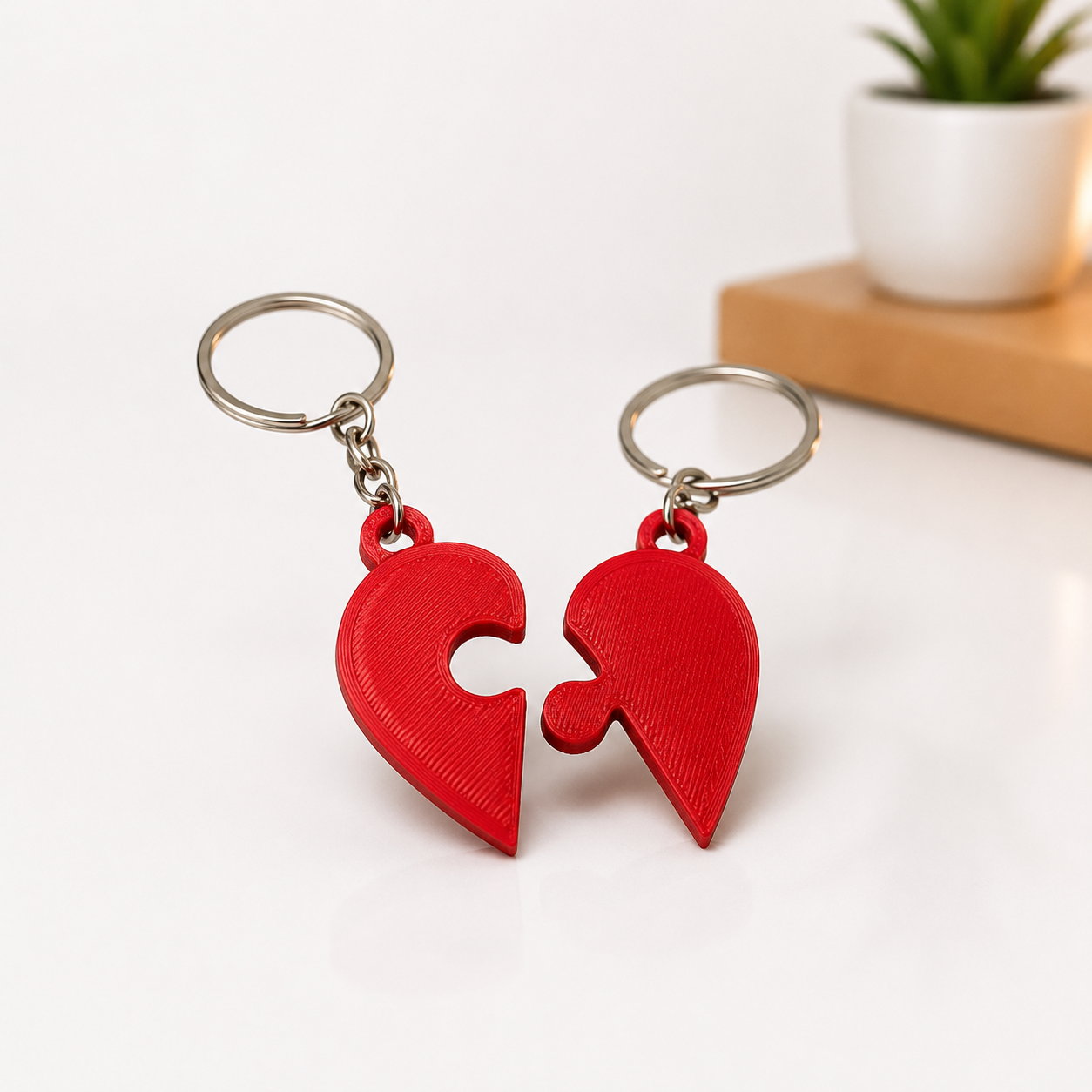Two red puzzle-heart keychains on a white surface, with a small potted plant and wooden block in the background.