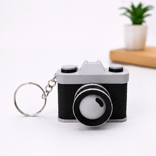 Miniature vintage-camera fidget keychain in black and gray with a silver keyring and chain, shown against a white background with a blurred potted plant.