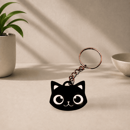 Black 3D-printed cat face keychain with white eyes, ears, and whiskers, hanging from a metal keyring.