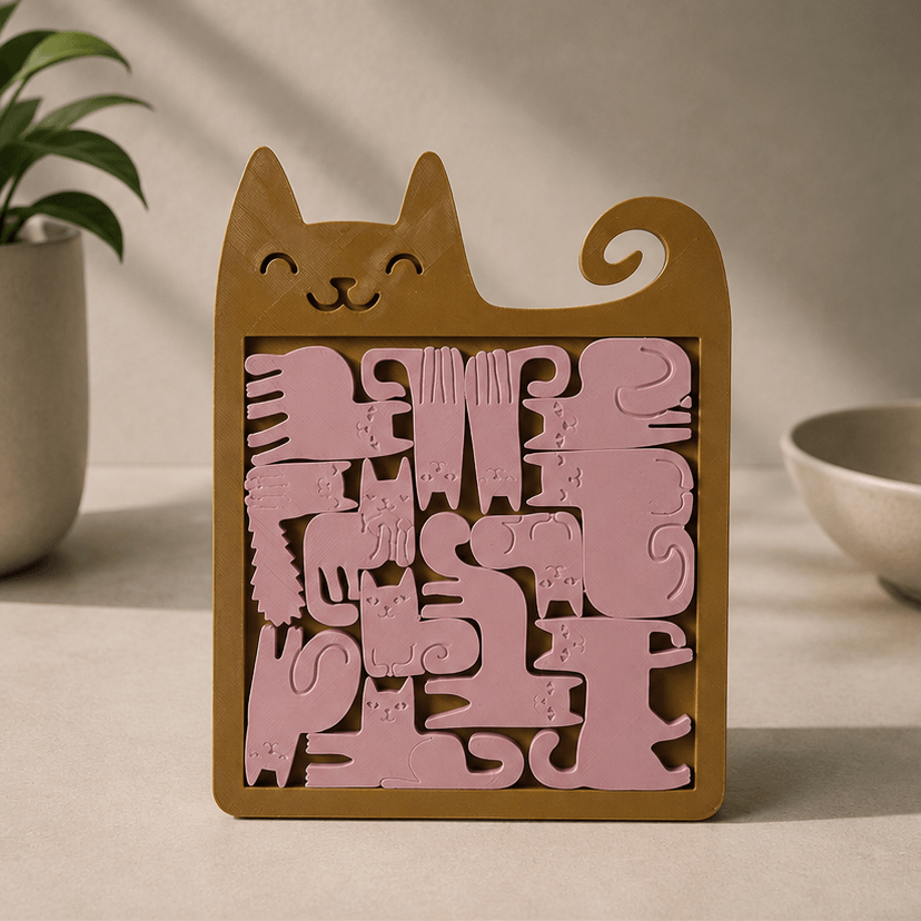 3D-printed Cat Jigsaw Puzzle with a mustard-yellow cat-shaped frame holding pink cat-shaped puzzle pieces, displayed on a desk.