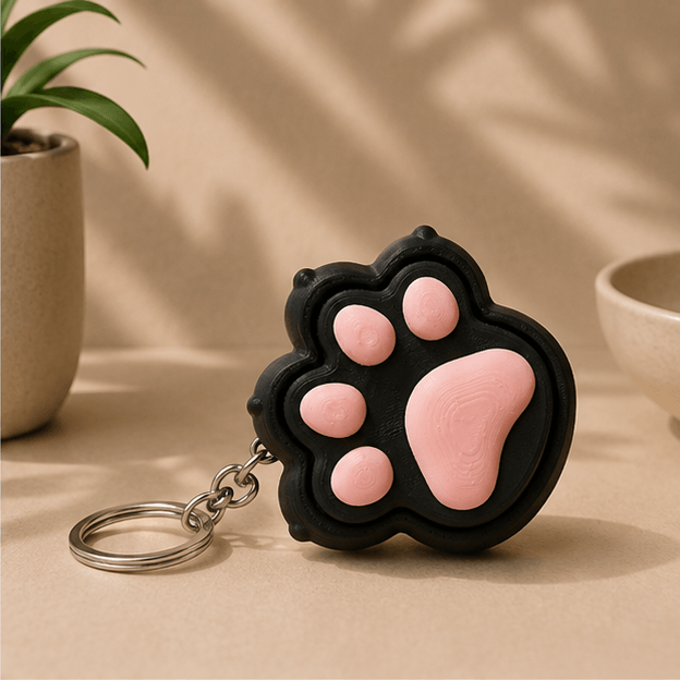 Black and pink 3D-printed cat paw fidget keychain resting on a beige tabletop.