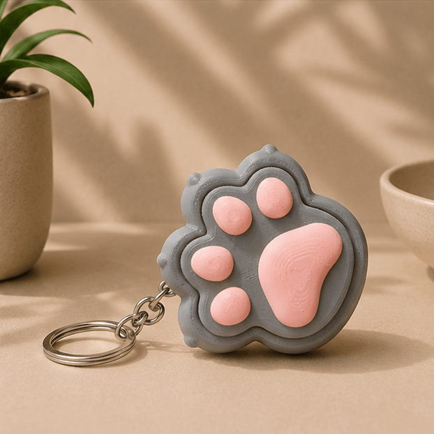 Gray and pink 3D-printed cat paw fidget keychain resting on a beige tabletop.