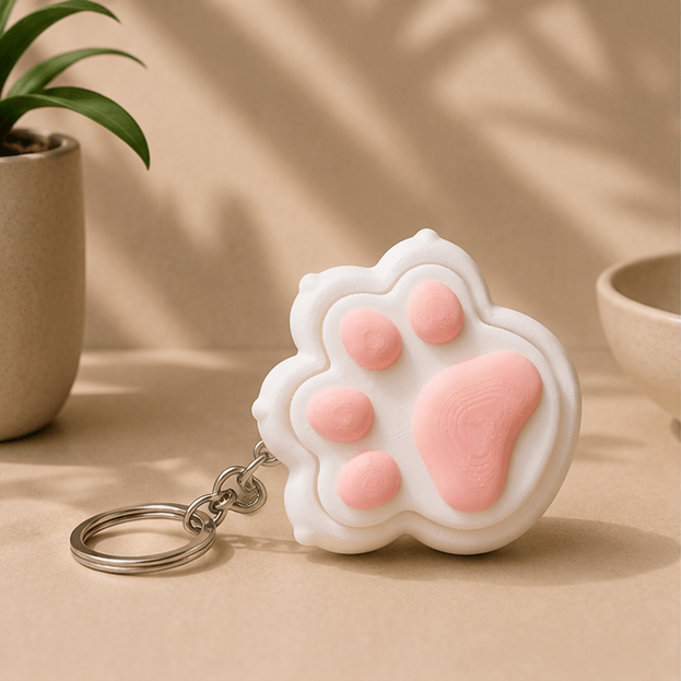 White and pink 3D-printed cat paw fidget keychain resting on a beige tabletop with a plant in the background.