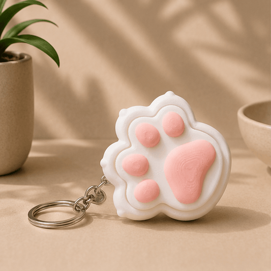 White and pink 3D-printed cat paw fidget keychain resting on a beige tabletop with a plant in the background.
