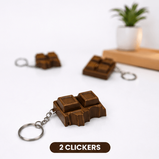 Brown chocolate-bar-shaped fidget keychain with two raised clicker squares exposed, labeled '2 Clickers'.