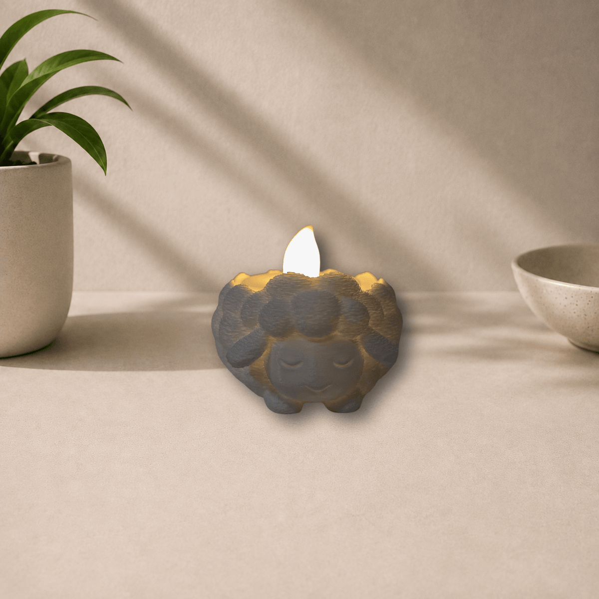 3D-printed cozy sheep tealight holder, alternate angle