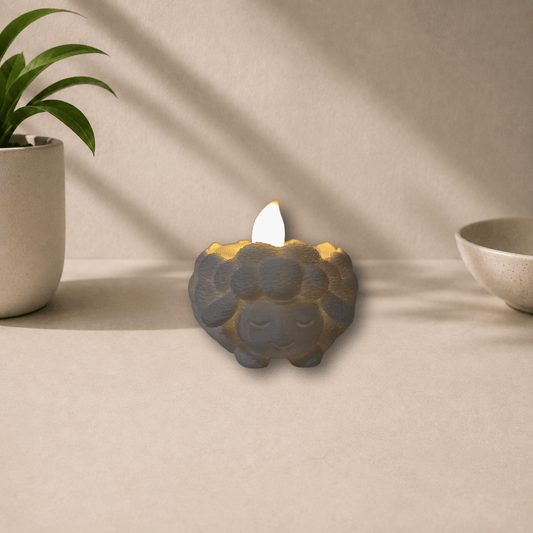 3D-printed cozy sheep tealight holder, alternate angle