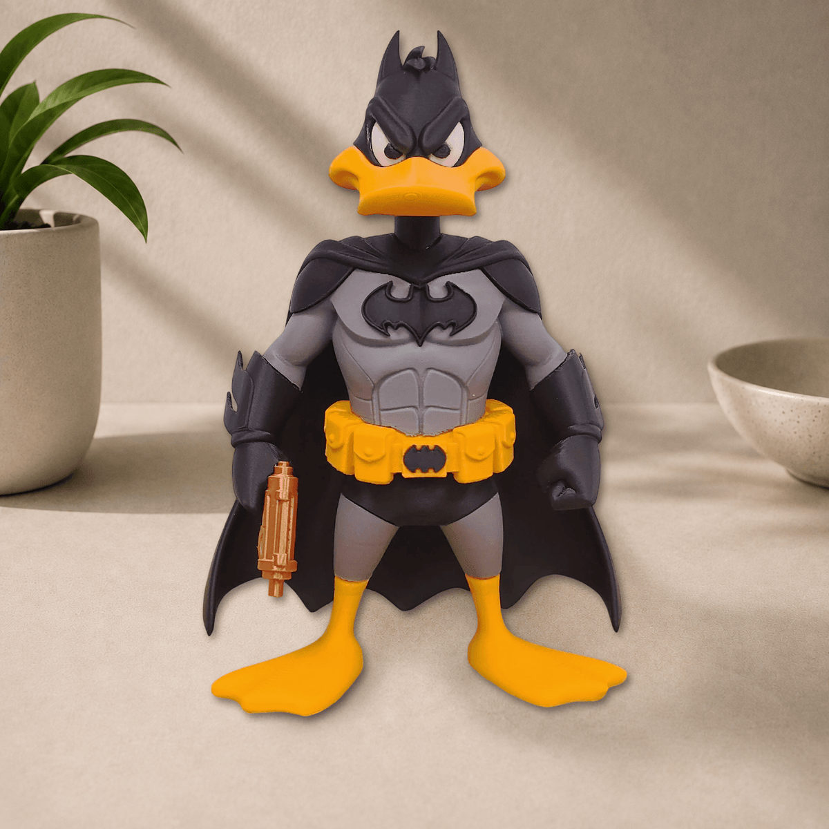 Front view of a Daffy Duck dressed as Batman statue, wearing a gray and black suit, cape, and yellow utility belt while holding a grappling gun, on a beige surface.