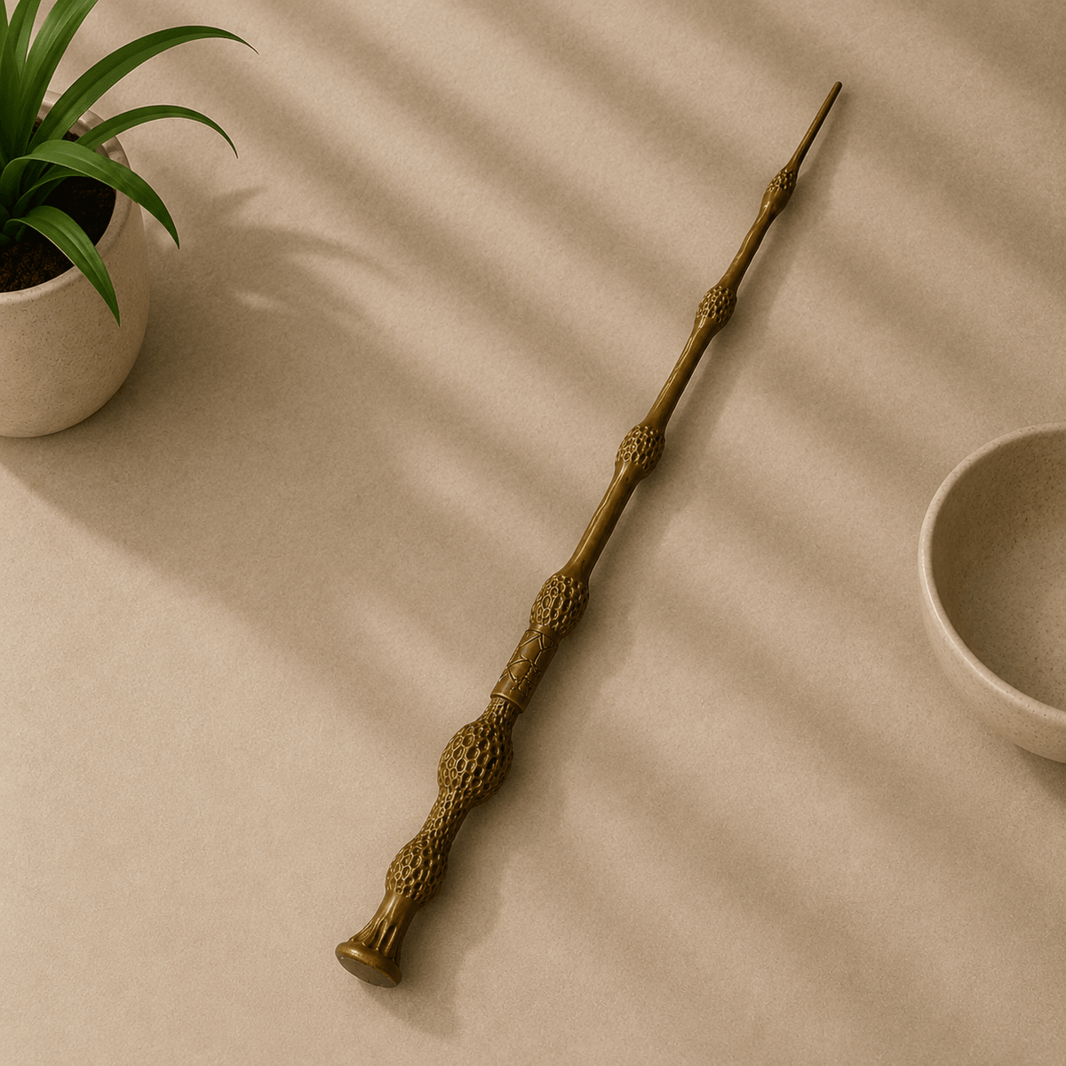 Bronze-toned Elder Wand collectible replica with a knotted, textured handle, laid diagonally across a beige tabletop.
