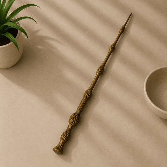 Bronze-toned Elder Wand collectible replica with a knotted, textured handle, laid diagonally across a beige tabletop.