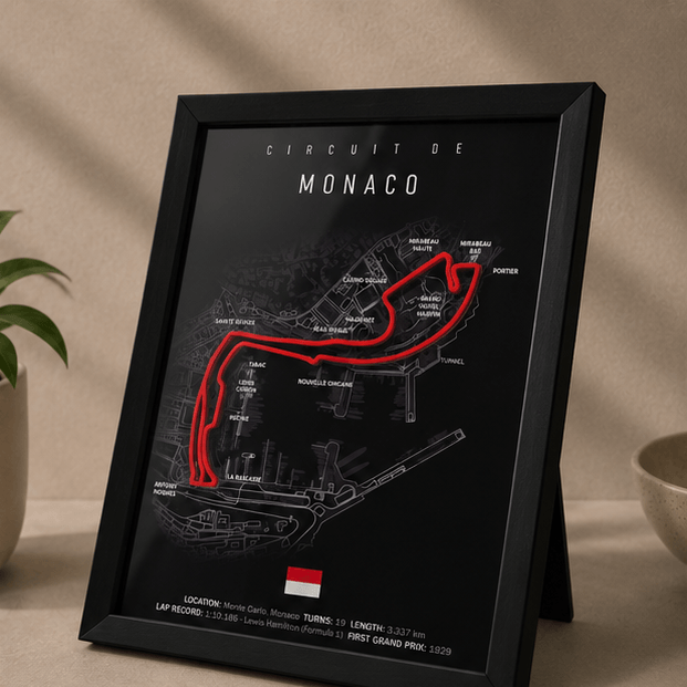 Close-up of the Circuit de Monaco F1 track print showing the red circuit outline, track stats, and Monaco flag on a black background.