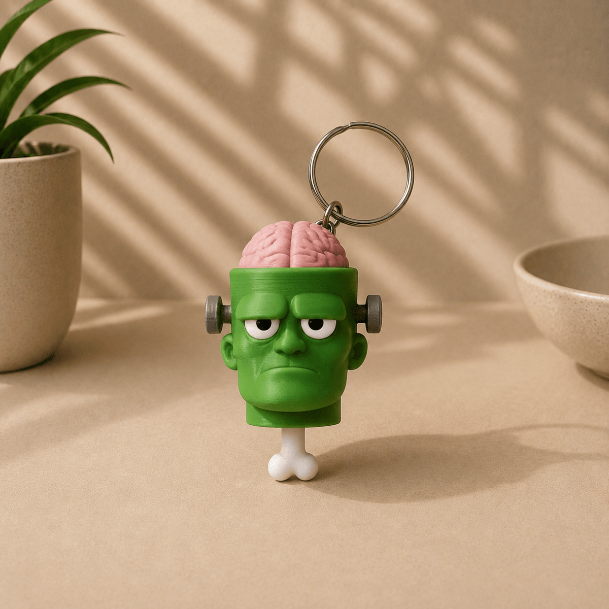 Frankenstein-themed fidget keychain shaped like a green monster head with a pink brain popping out the top and a metal keyring attached.
