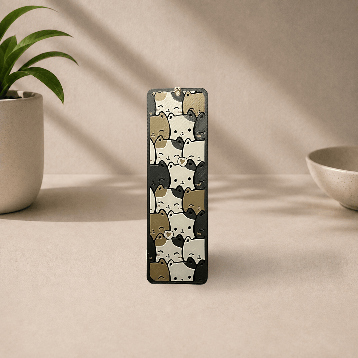3D-printed Funky Cats bookmark with a stacked pattern of cream, gray, and brown cat faces and small heart accents.