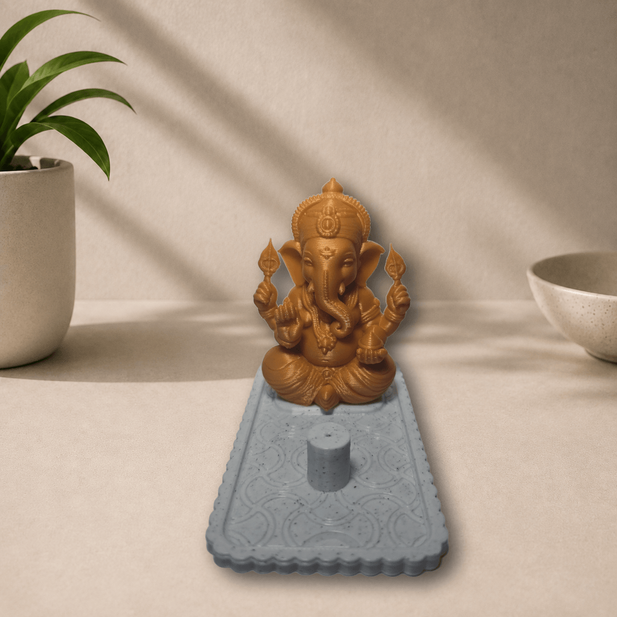 3D-printed Ganpati idol on incense holder base