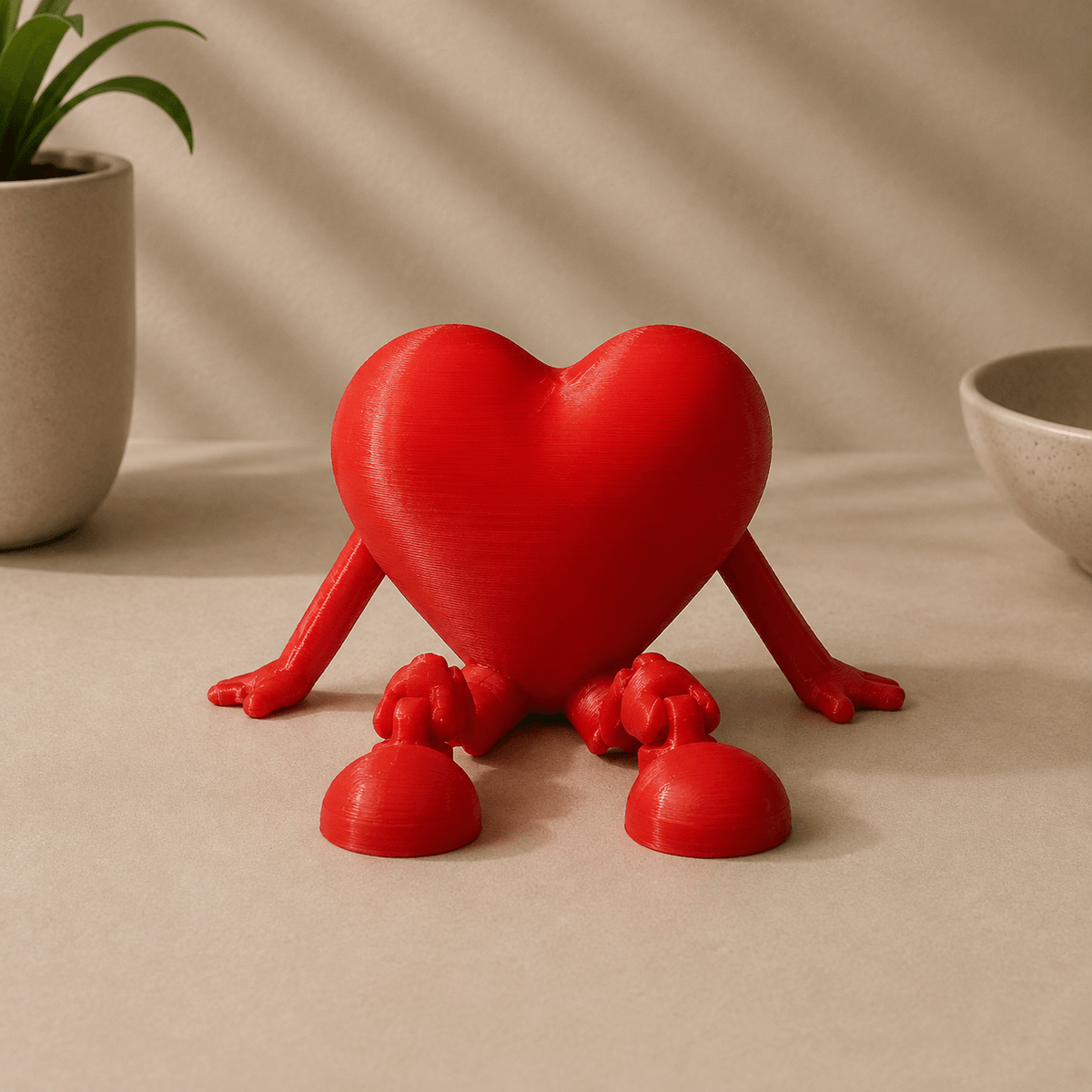 Red 3D-printed heart-shaped desk buddy figure with cartoon arms and legs, kneeling on a beige tabletop beside a potted plant.