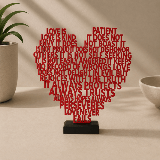 A red heart-shaped decor sculpture formed from the words of the 'Love is patient, love is kind' 1 Corinthians 13 passage, mounted on a black rectangular base.