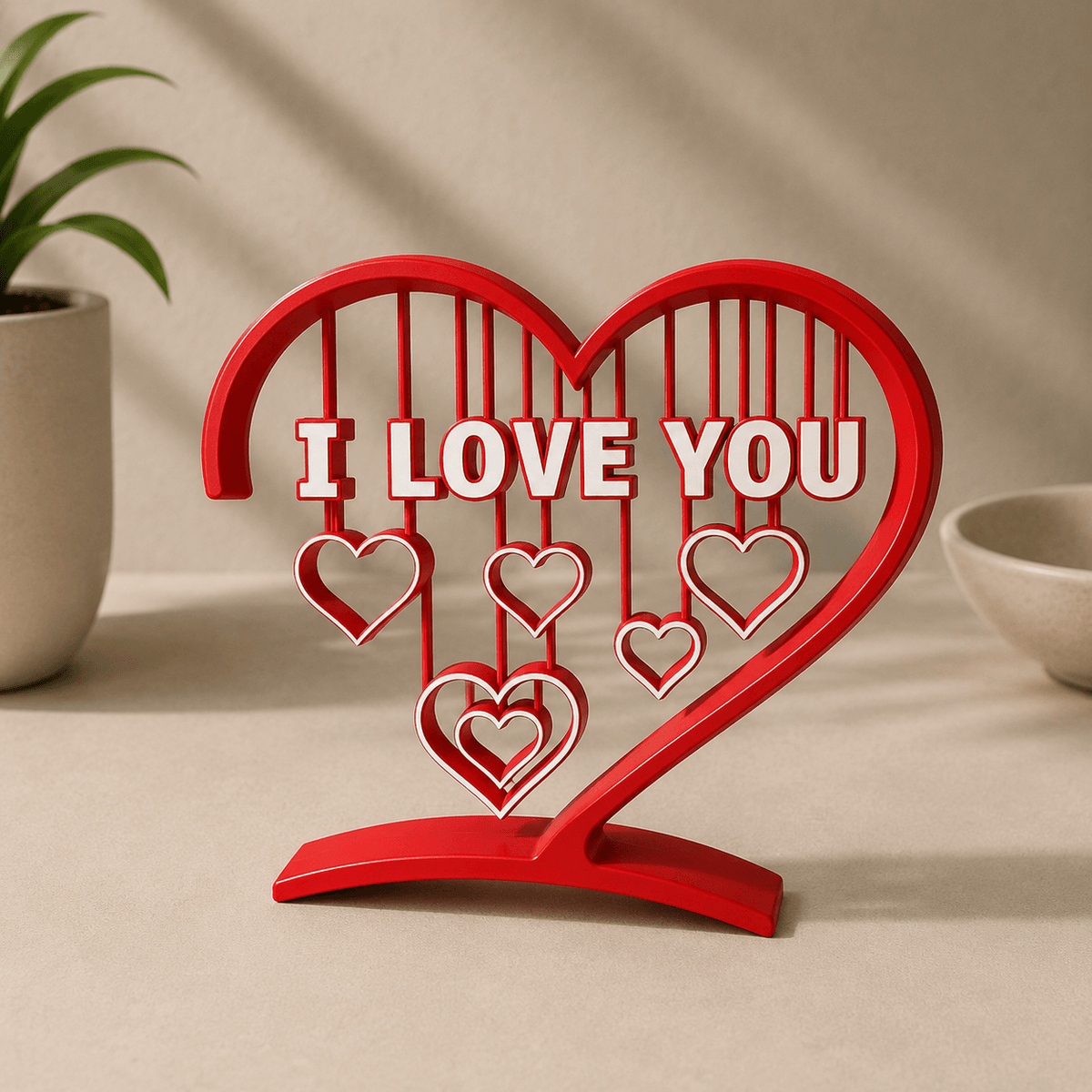A red heart-shaped decor piece reading 'I Love You' with several small heart charms hanging from strings inside the heart outline, mounted on a black base.