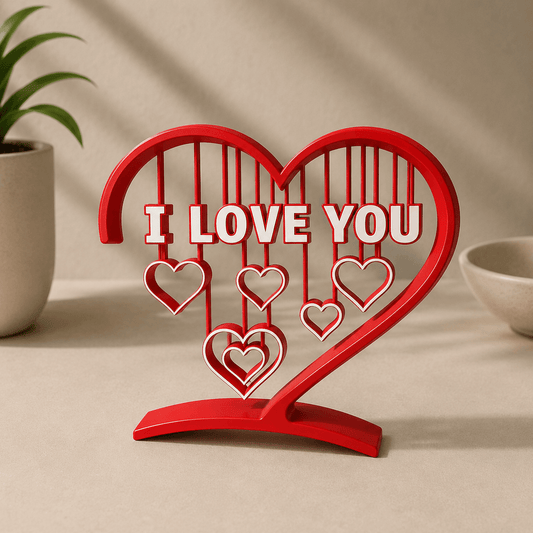 A red heart-shaped decor piece reading 'I Love You' with several small heart charms hanging from strings inside the heart outline, mounted on a black base.