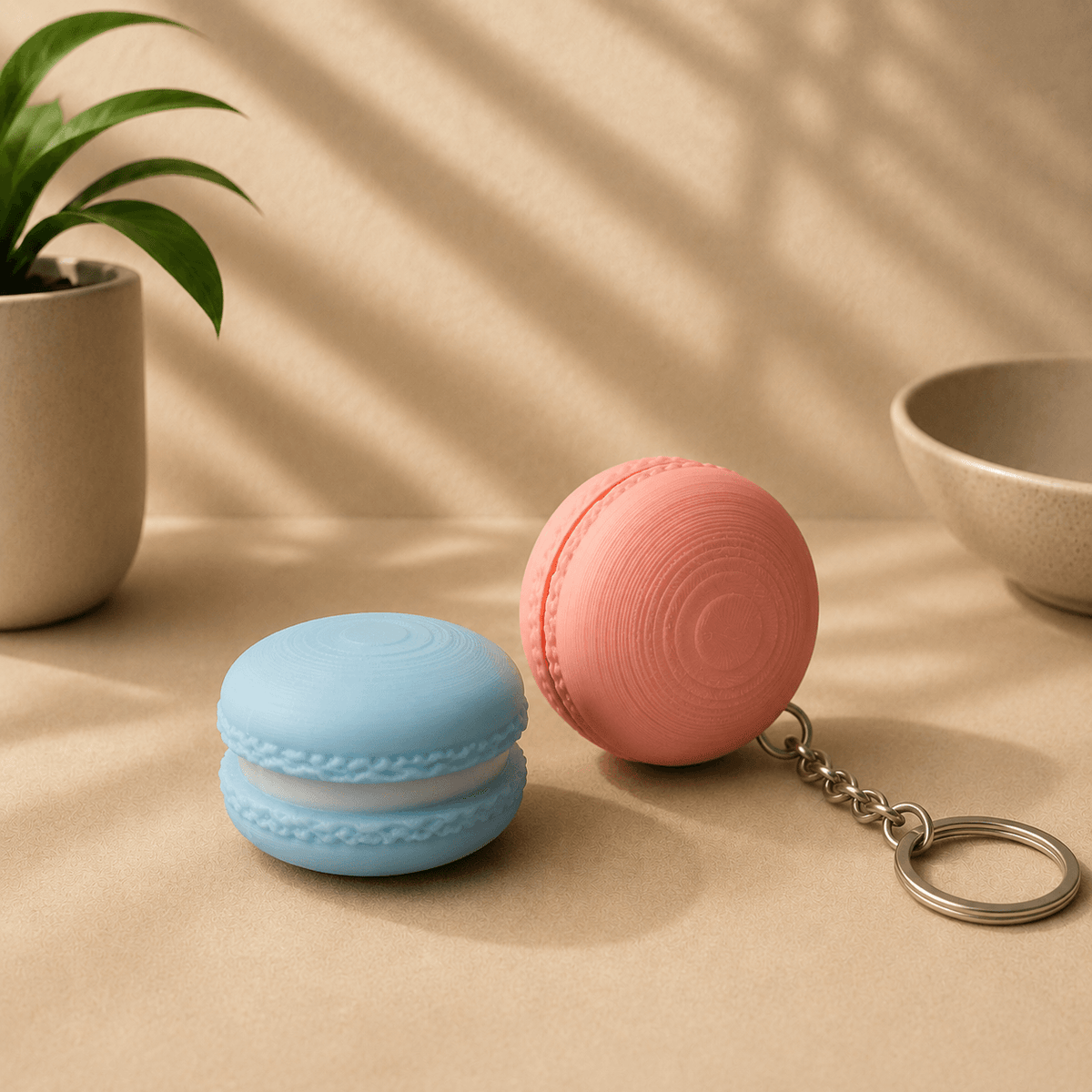 Two macaron-shaped fidget keychains, one light blue and one coral pink, displayed together with a metal keyring on the pink one.