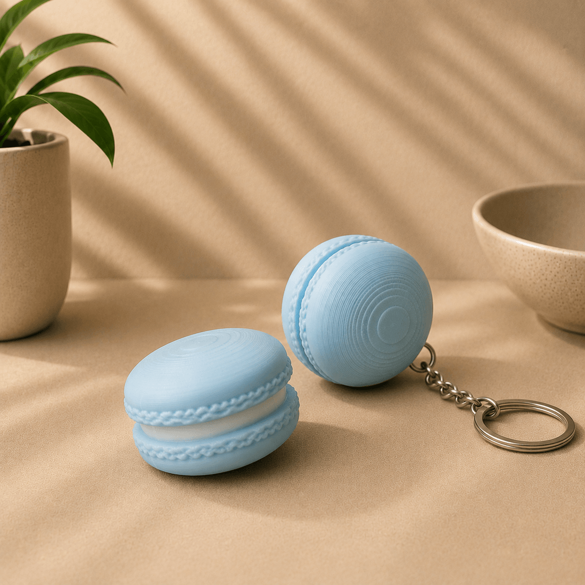 Two light blue macaron-shaped fidget keychains shown side by side, one attached to a metal keyring.