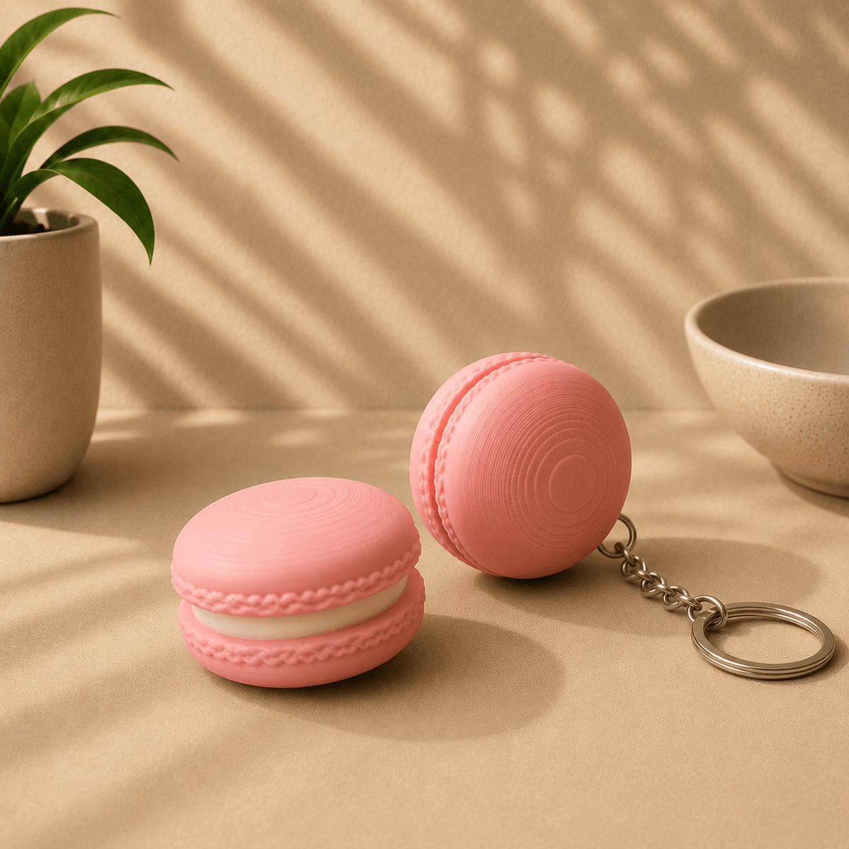Two pink macaron-shaped fidget keychains shown side by side, one attached to a metal keyring.