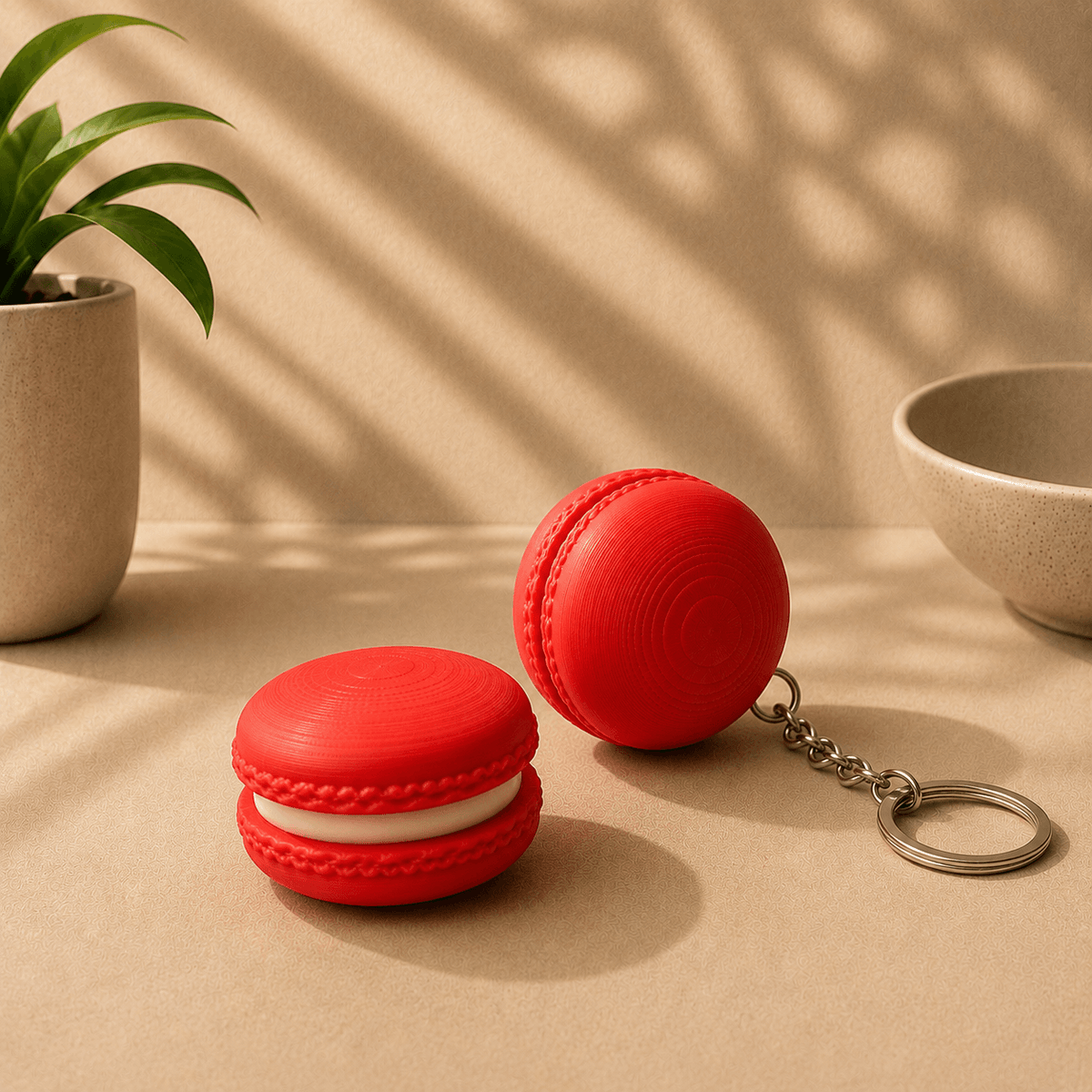Two red macaron-shaped fidget keychains shown side by side, one attached to a metal keyring.