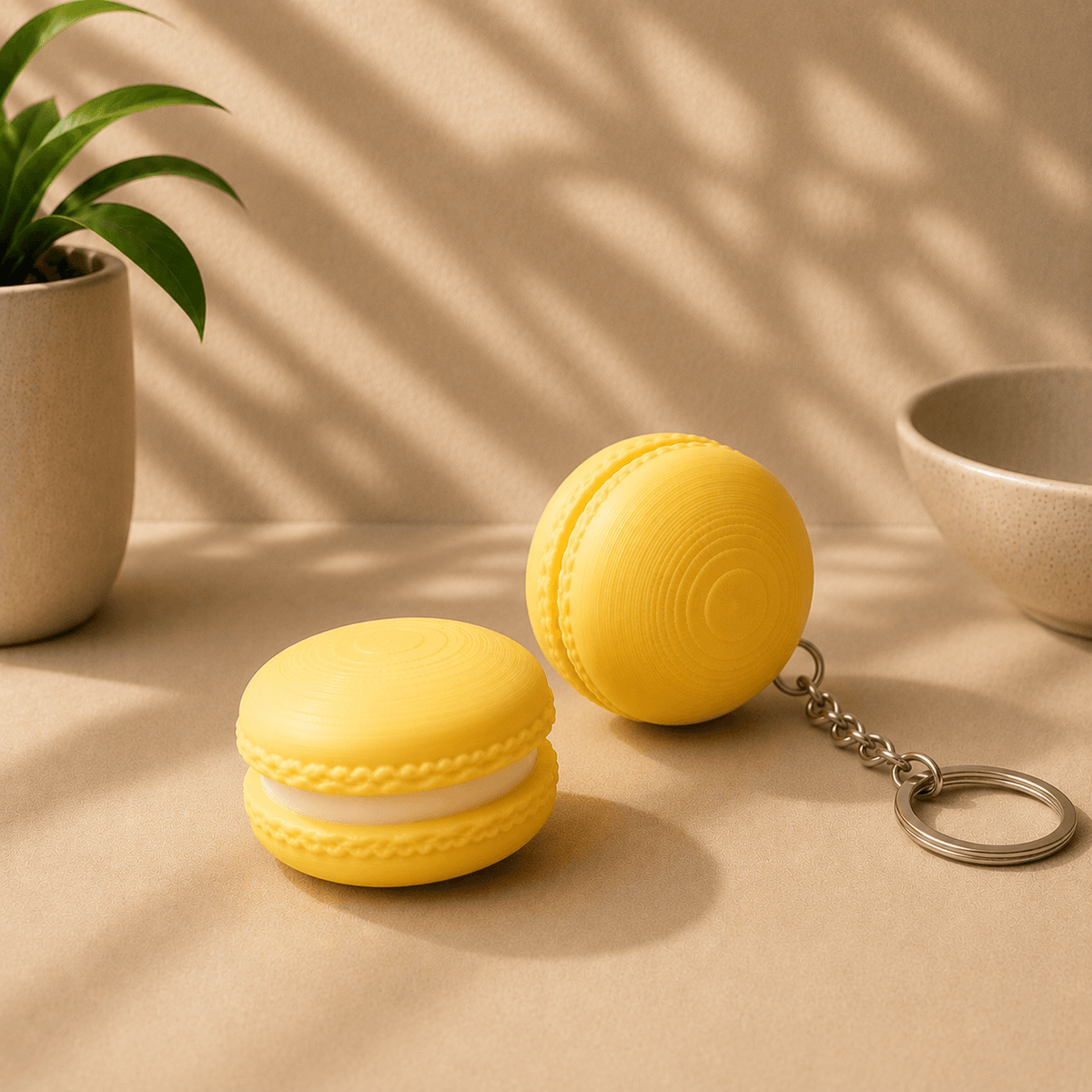 Two yellow macaron-shaped fidget keychains shown side by side, one attached to a metal keyring.