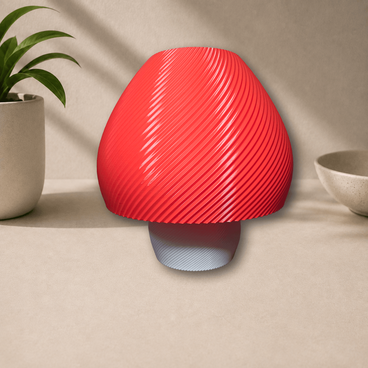 3D-printed mushroom table lamp, front view