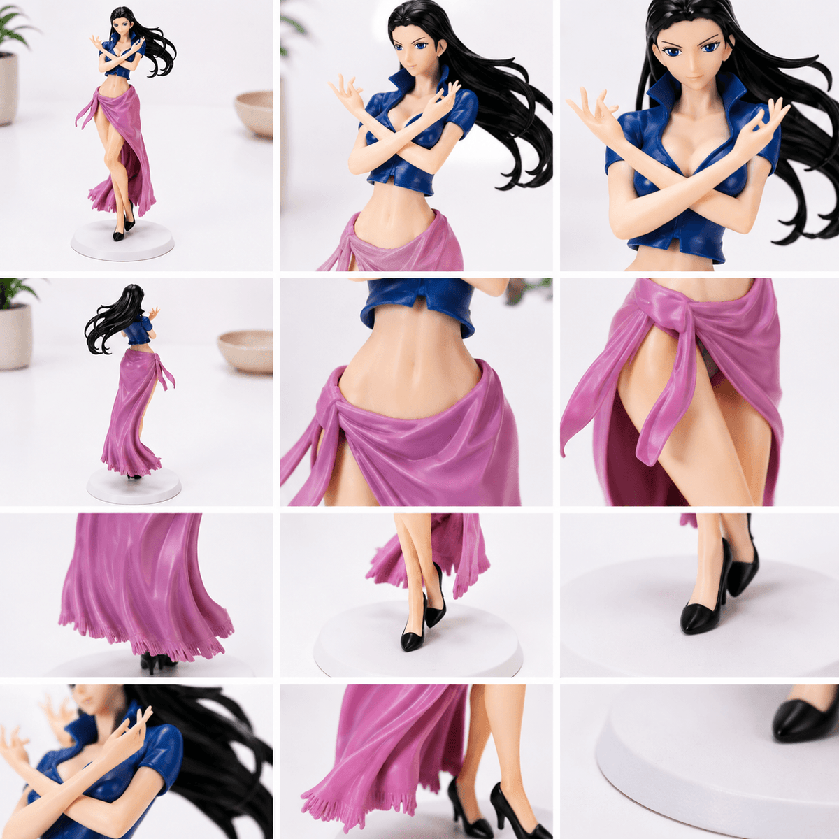 Grid of twelve close-up detail photos of the Nico Robin One Piece statue, showing the front, back, face, hands, skirt, shoes, and base from multiple angles.