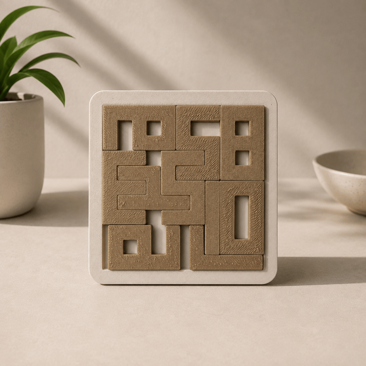 Tan 3D-printed Numbers Puzzle Brain Teaser with interlocking numeral-shaped pieces set in a white square frame.