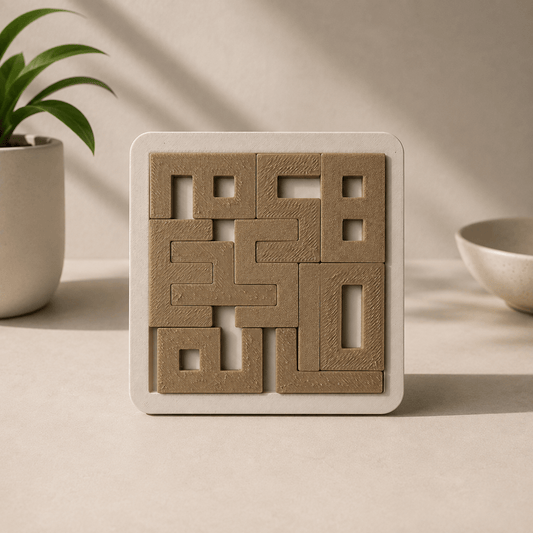 Tan 3D-printed Numbers Puzzle Brain Teaser with interlocking numeral-shaped pieces set in a white square frame.