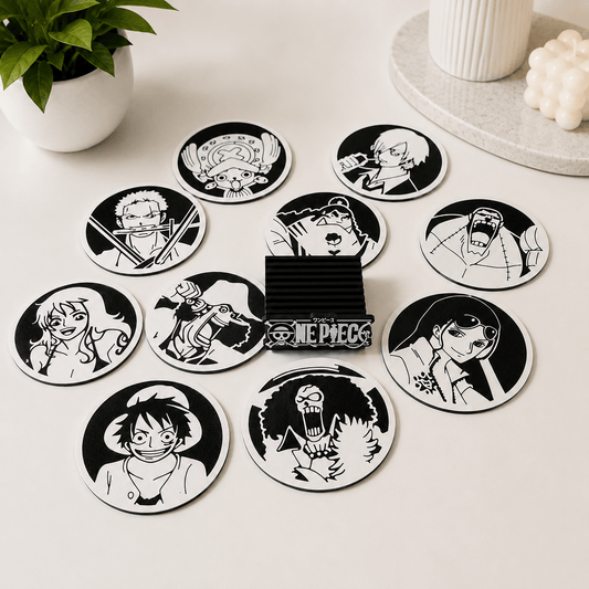 Complete set of ten black-and-white 3D-printed One Piece character coasters arranged in a circle around their branded stand.