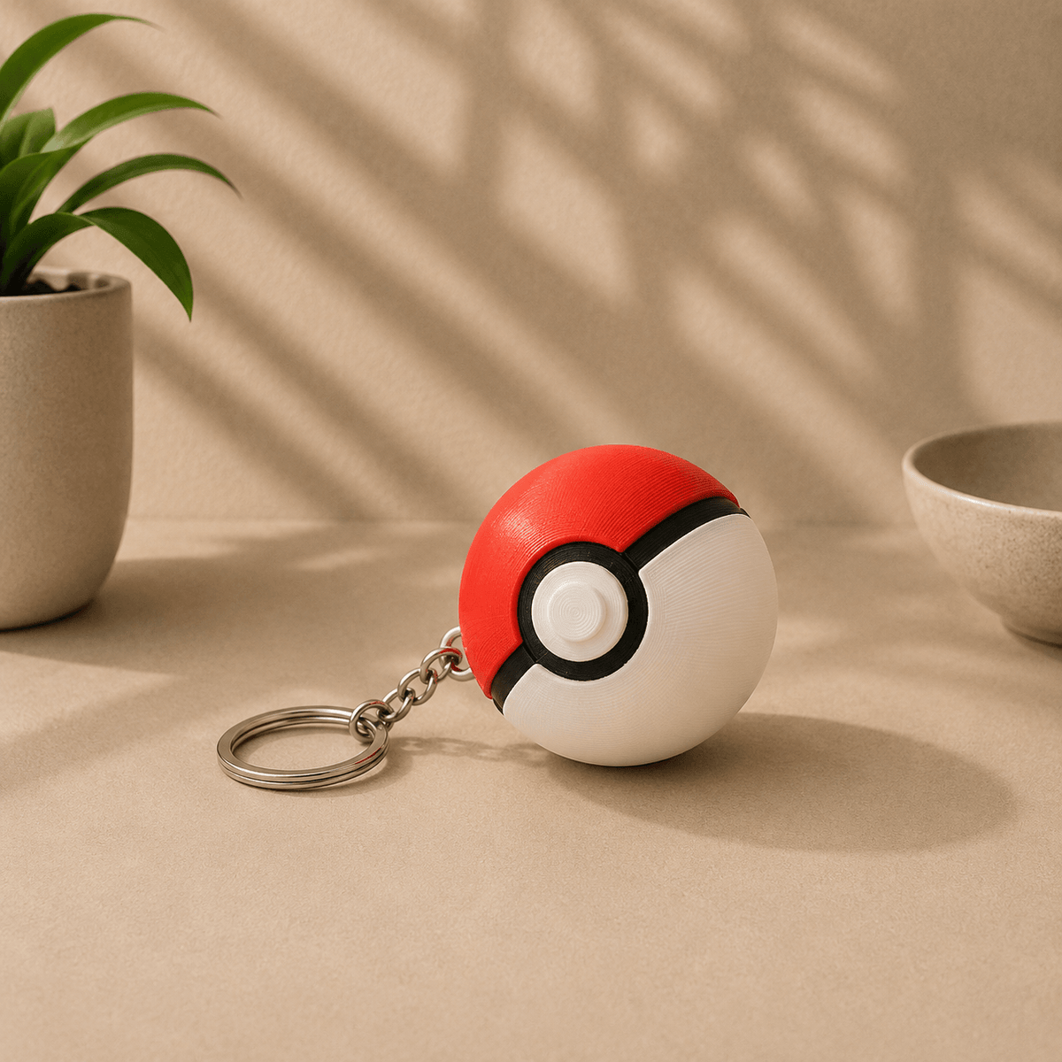 Pokeball-shaped fidget keychain in red, white, and black, attached to a metal keyring on a beige tabletop.