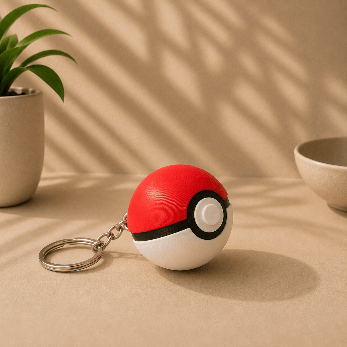 Pokeball-shaped fidget keychain on a metal keyring, displayed on a tabletop with a potted plant and ceramic bowl in the background.