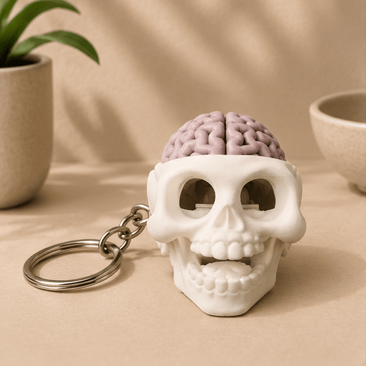 White skull fidget keychain with a pink brain sitting on top, front-facing view on a beige tabletop.