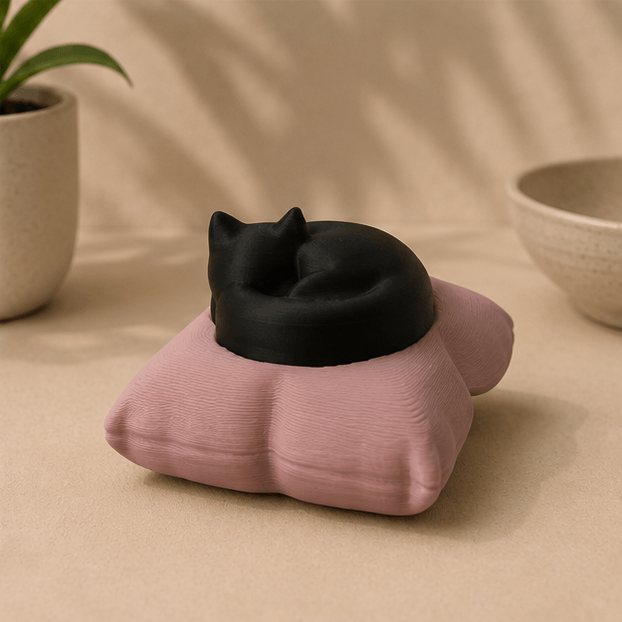 Black sleeping-cat fidget keychain resting on a dusty pink fabric pillow, displayed on a beige surface with a potted plant and ceramic bowl in the background.