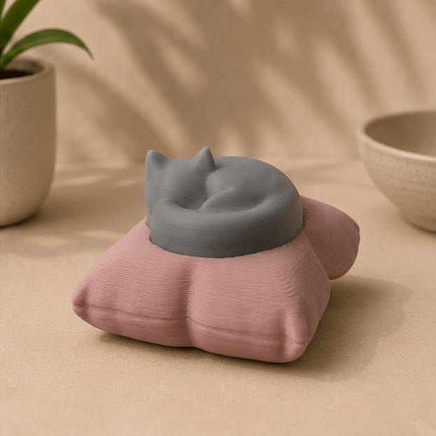 Gray sleeping-cat fidget keychain resting on a dusty pink fabric pillow, displayed on a beige surface with a potted plant and ceramic bowl in the background.